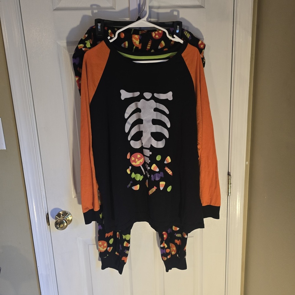 Halloween Skeleton Candy Pajama Set Womens Black Orange Sleepwear Size 3XL